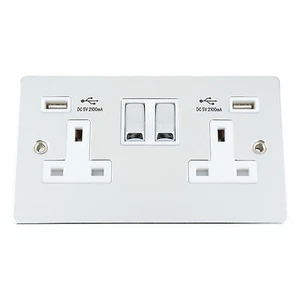 USB Socket 2 Gang - Polished Chrome Flat - White Insert Metal Rocker 2.1 - Imagen 1 de 1