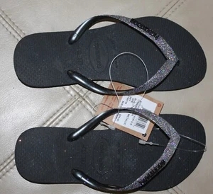Havaianas Slim Glitter Sandal Black / Dark Gray Size 2 Youth - Picture 1 of 5