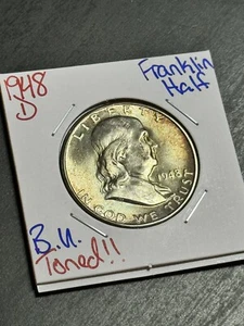 1948 D Franklin Half Dollar BU Uncirculated MS++ Toning Toned Coin (Raw14317) - Picture 1 of 4
