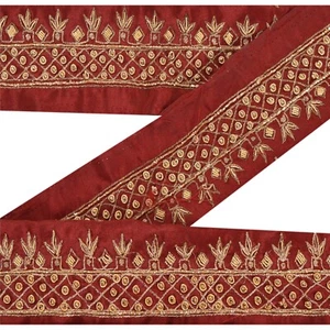 Sanskriti Vintage Sari Border Hand Beaded 1 Yd Craft Trim Ribbon Dark Red Lace - Picture 1 of 8