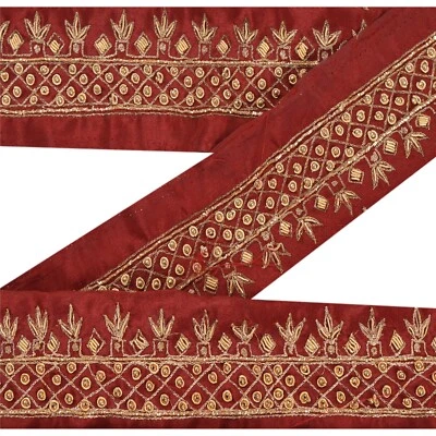 Sanskriti Vintage Sari Border Hand Beaded 1 Yd Craft Trim Ribbon Dark Red Lace - Image 1 of 4