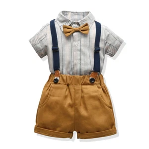 Summer Boys Handsome Short Sleeve Striped Shirt Shorts Western Style Bib Suit - Picture 1 of 19