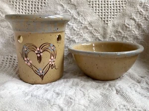 Three Rivers Stoneware Pottery 1996 Votive Holder w/ Matching Small Bowl Hearts - Picture 1 of 6