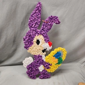 Vintage Melted Plastic Popcorn Easter Bunny Rabbit W/Egg Basket Decoration - Picture 1 of 4