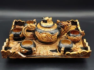和田火烧玉藏传佛教龙凤嵌螺钿黑釉茶壶杯 China Tibet Fire Jade Carved Dragon Phenix Shell Teapot Cups - Picture 1 of 22
