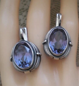 Vintage Russian USSR Handmade Sterling Silver Alexandrite Dangle Earrings - Picture 1 of 8
