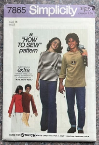 70s Simplicity Sewing Pattern 7865 How to Sew Knits - T Shirts - Size Misses 16 - Picture 1 of 4