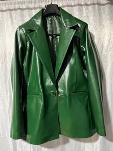 Women's Vintage Green Leather Coat| Genuine Soft Sheep Skin Leather Overcoat M. - Picture 1 of 5