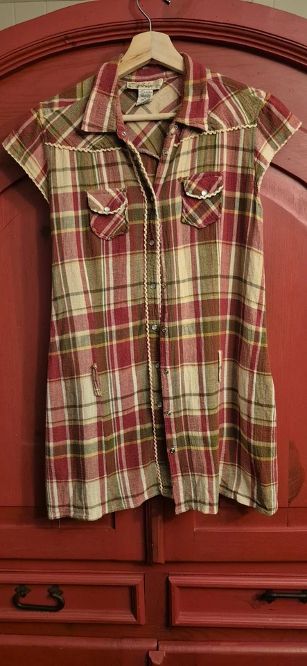 Younique XL Western Plaid Tunic Pearl Snaps Long Tunic No Belt Red Brown EUC - Изображение 1 из 4