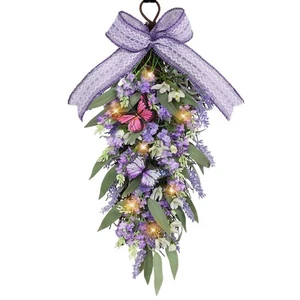 LED Teardrop Lavender Wreath with Butterflies - Faux Floral Swag Decor for D... - Picture 1 of 8