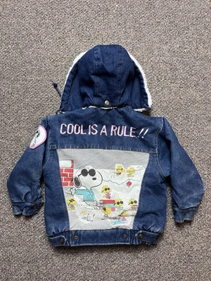 Vintage Snoopy Sherpa Lined Denim Jacket YOUTH 6 RARE Peanuts Joe Cool 80s - Image 1 of 4
