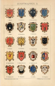 1895 GUILD CRAFT COATS OF ARMS MASSON WATCHMAKER GOLDSMITH KNIFEMAKER AntiqPrint - Picture 1 of 1