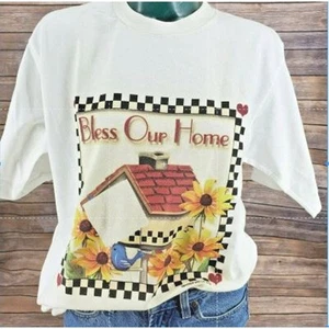 Camisa Vintage Retro Años 90 Puntada Única COTTAGECORE Pájaro Casa Flores EE. UU. M NOS - Imagen 1 de 5