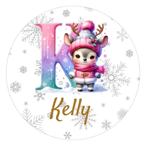 Personalised Christmas Reindeer Pink Initial Name Stickers Label Present Santa - Picture 1 of 50
