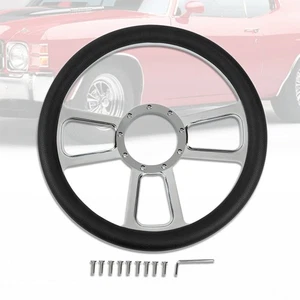 14" Chrome Split Tri Spoke Steering Wheel w/ Interchangeable Black Leather Skin - Picture 1 of 5