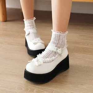 Para mujeres Moño Plataforma Encaje Empalme Medio Cuña Tacones Hebilla Estilo Lolita Zapatos - Imagen 1 de 24