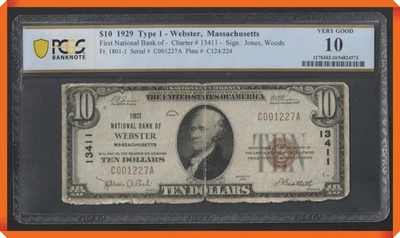 KC- Fr.1801-1 1929 $10 NB of Webster , MA #13411 - VG 10 by PCGS Banknote. - Image 1 of 3
