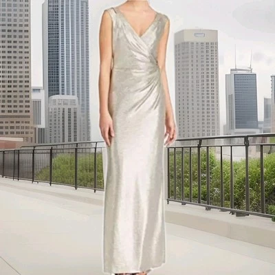 Vestido Jersey Ralph Lauren Metálico Cuello en V Talla 10 En Dorado Acanalado Cintura Detalle #3 Foto 1 de 4