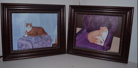 Framed Hand Painted Cat Kitten Painting  Wall Picture Purple Chair lot of 2 Cover