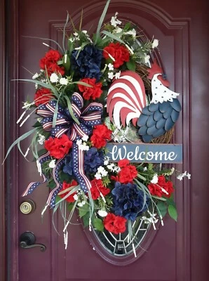 Patriotic Door Wreath Rooster Flower Door Decor USA Memorial Day Fourth of July - Image 1 of 4