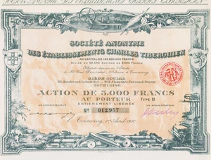 ETABLISSEMENTS CHARLES TIBERGHIEN - ACTION 3000 FRANCS 1950 - FRANCE TOURCOING - Imagen 1 de 2