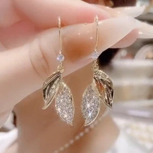 Fashion Tassel Leaf Crystal Earrings Hook Drop Dangle Women Wedding Jewelry Gift - Picture 1 of 5