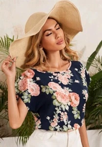 Womens Short Sleeve Floral Top Blue Multicolor - Picture 1 of 6