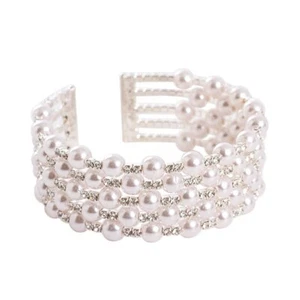 CORSAGE BRACELET Cuff Silver Pearl Diamante flowers wedding formal anniversary - Picture 1 of 6