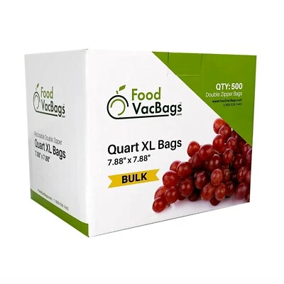 Quart XL Double Zipper Bags - FoodVacBags - 500 count - Food Storage