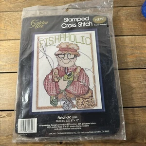 Fisherman Stamped Cross Stitch Kit 20390 FISHAHOLIC 8" x 10" 1990 Golden Bee - Picture 1 of 7