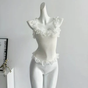 Women Camisole Lace-trimmed Spaghetti Strap Vest Slim Slit Basic Knit Tank Tops - Picture 1 of 9