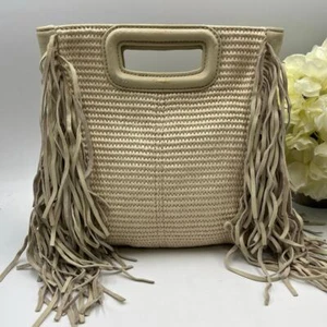 Maje Textile And Raffia M Beige Ecru Woven Tassel Fringe Boho Bag Clutch RTR - Picture 1 of 12