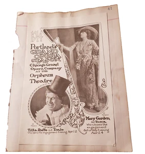 Portland Opera Orpheum theatre 1914 Titta Ruffo Mary Garden Program - Picture 1 of 8