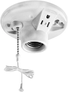 One-Piece Glazed Porcelain Outlet Box Mount with Pull Chain, Top Wired, White - Picture 1 of 5