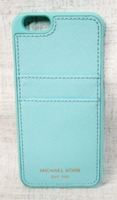 Michael Kors iPhone Hard Cover Leather Plastic Aqua Gold MK Logo Card Slots NEW - Image 1 of 2