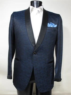 Chaqueta Esmoquin De Colección Azul Negro Brochado Seda Formal Cena Fumar 42R Hecha a Medida Foto 1 de 4