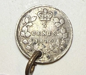 1889 Canada 5 Cents Silver Queen Victoria - Holed - 92.5% Silver - Picture 1 of 2
