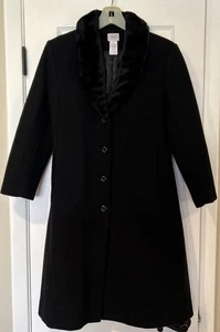 Talbots KIDS Girls Black 100% Wool Dress Coat  Faux Fur Collar Sz 12 - Picture 1 of 8