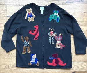 VTG Quacker Factory Womens 1X Bear Embroidered Knit Cardigan Sweater Beaded - Picture 1 of 14