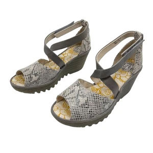 Fly London Yosi Platform Wedge Sandals Womens Shoes US 9.5 40 Snake Print Gray - Picture 1 of 16