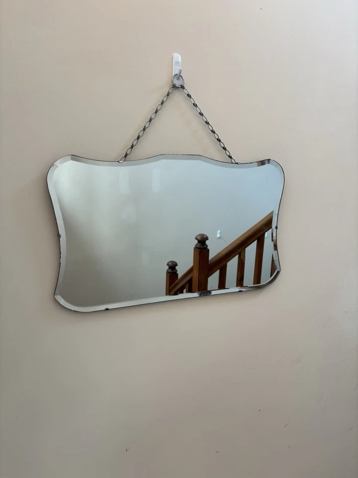 Vintage Wall Mirror with Chain, Vintage Frameless Mirror - Image 1 of 4