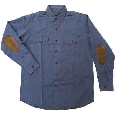 Polo Ralph Lauren Safari 衬衫男式 M 麂皮肘贴工作实用口袋 — 第 1/4 张图片