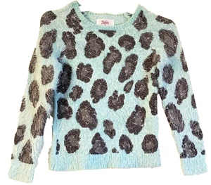 JUSTICE Girl’s Mint Frost Green Fuzzy Animal Print Sweater Size: 10 - Picture 1 of 5