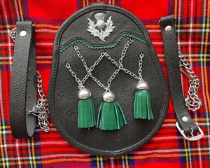 Men Full Dress Leather Kilt Sporran Black Bovine with Scottish Thistle Cantle - Picture 1 of 4