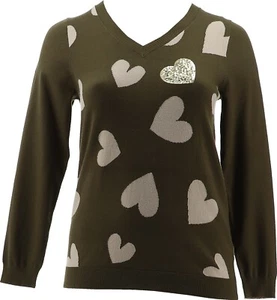 DG2 Diane Gilman Breast Cancer Awareness Heart Sweater Olive L NEW (443) - Picture 1 of 8