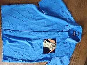 Laughing Buddha L Blue Black Cartoon Short Sleeve Button Up Shirt Graphic AOP+ - Picture 1 of 4