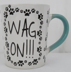 WAG ON! Ceramic Coffee Mug - 16 oz DOG PAW Print Black White Blue Pet Lover Gift - Picture 1 of 7