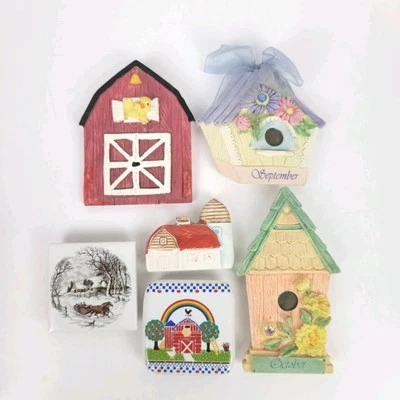 Imán de refrigerador ~ Granero de granja ~ Piedra de nacimiento del mes de la casa de pájaros ~ Cerámica de resina ~ Lote de 6 Foto 1 de 4