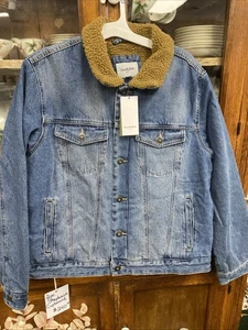 Men's Faux Shearling Lined Denim Trucker Jacket - Goodfellow & Co Blue Large - Picture 1 of 5