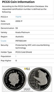 2002 $5 Australia 1/20 Oz Platinum Proof Koala Coin • PR70 POP 1 • 714 MINTED - Picture 1 of 3